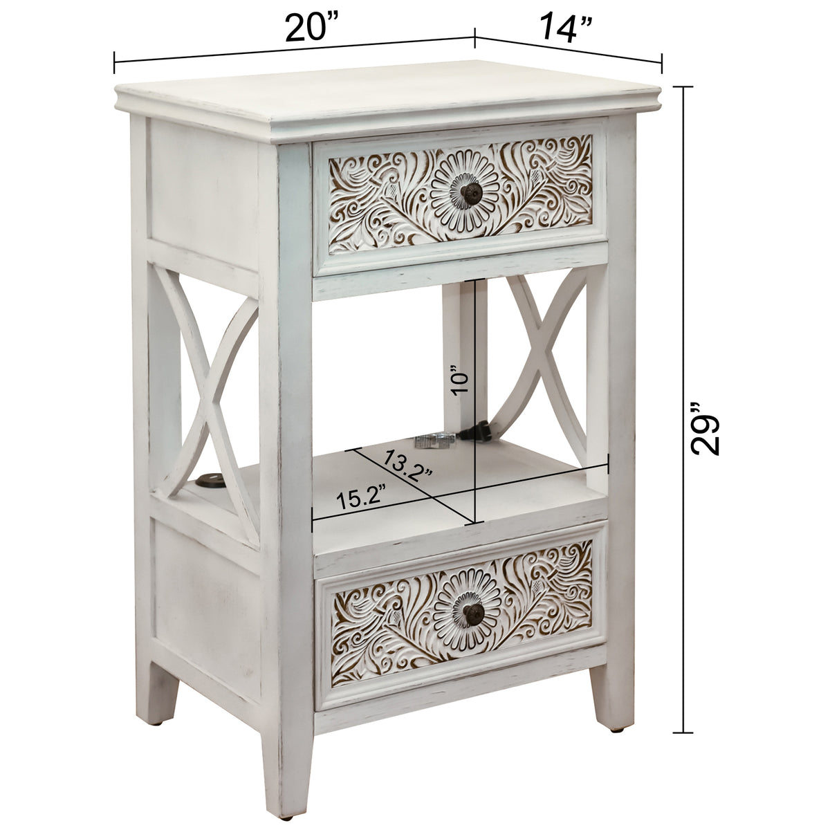 eHemco X-Side End Table with Charging Station and 2 Drawers, 20x14x29 Inches, White Wash