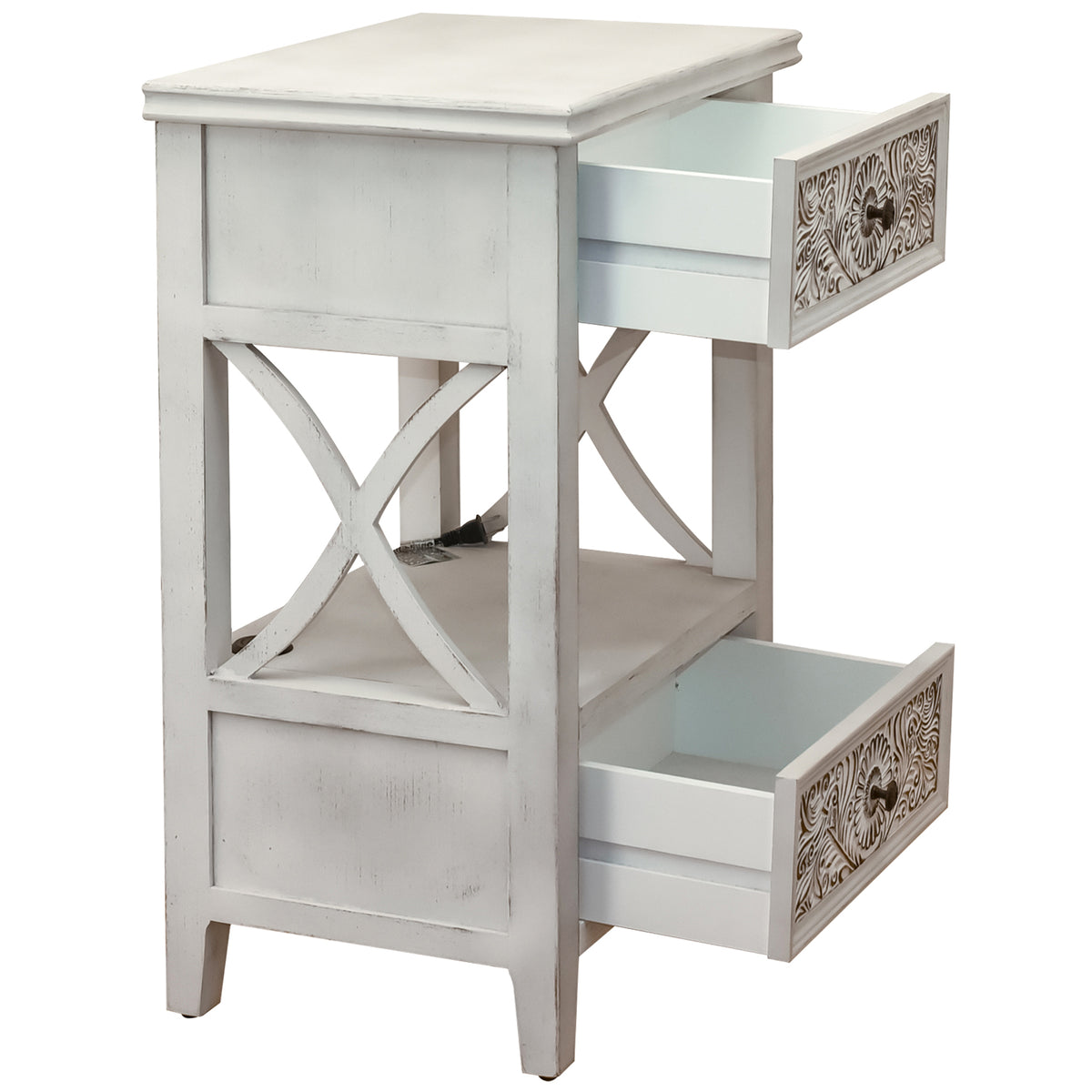 eHemco X-Side End Table with Charging Station and 2 Drawers, 20x14x29 Inches, White Wash